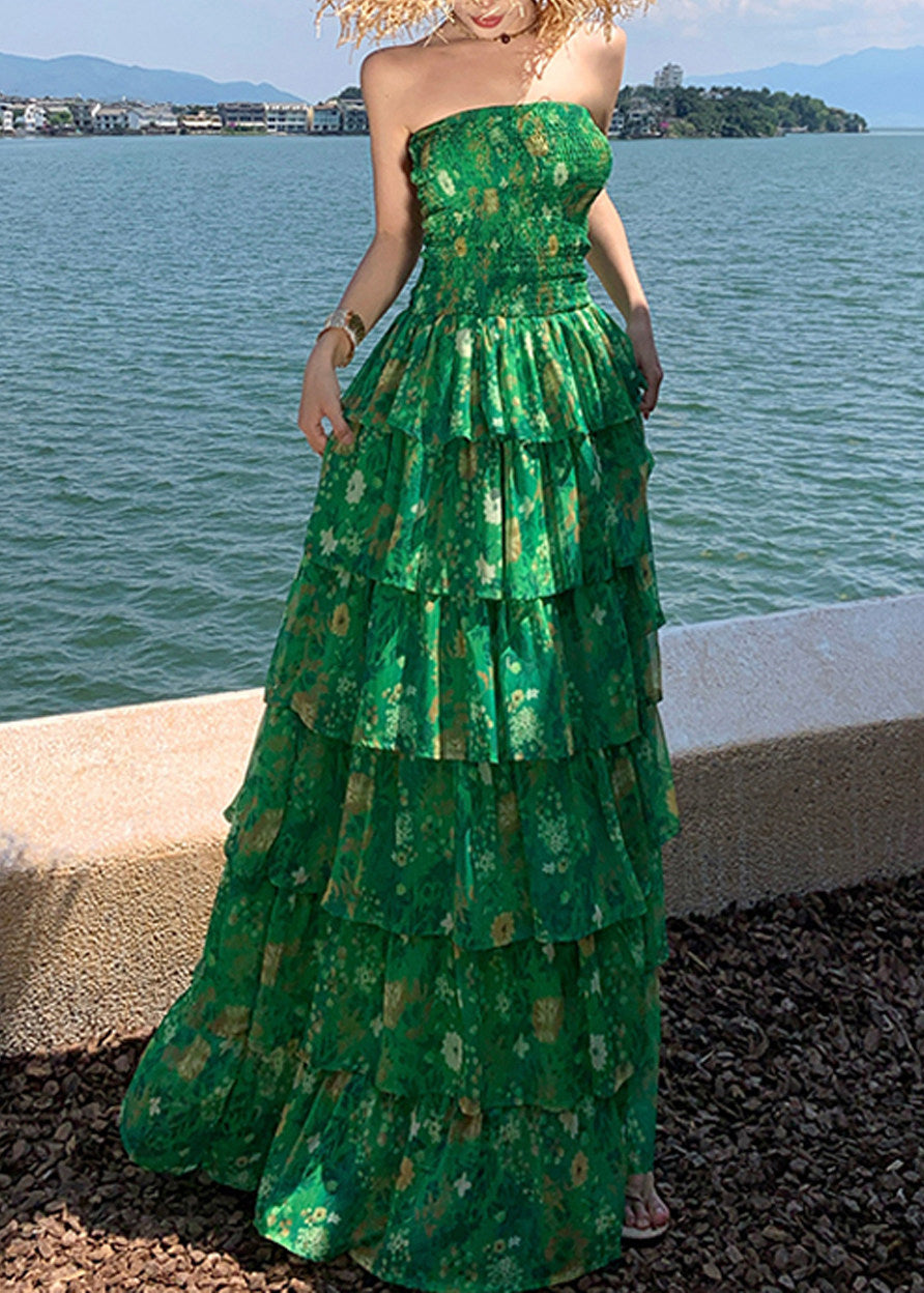 Strapless Floral Tiered Ruffle Chiffon Maxi Dress