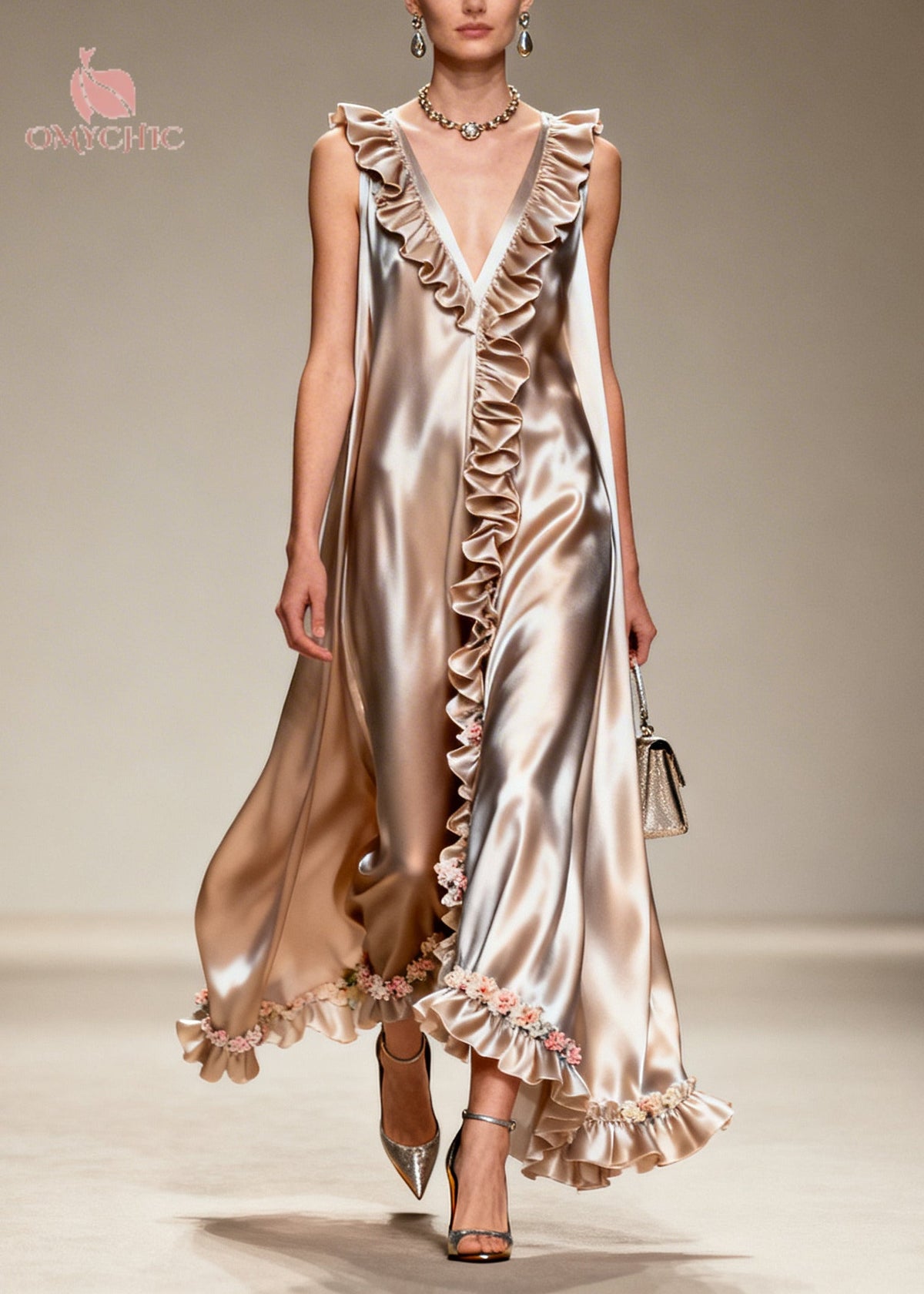 Modern Khaki Ruffled Floral Silk Robe Dresses Sleeveless - View 5