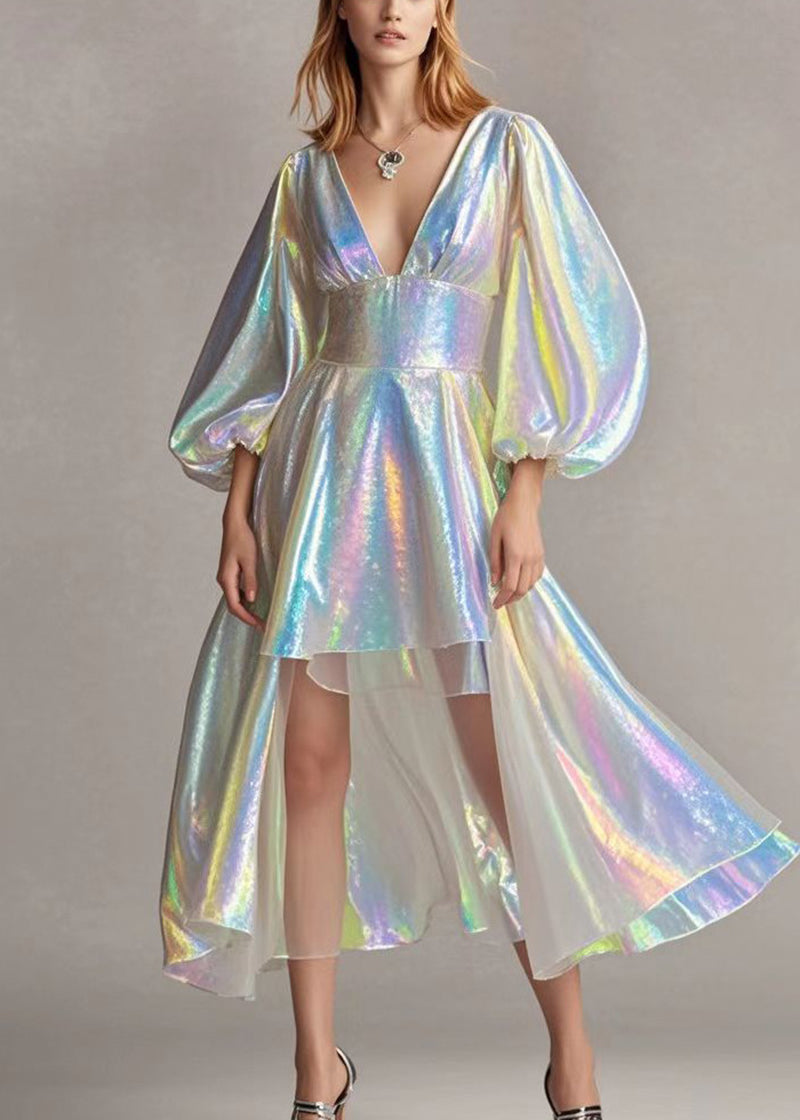 Deep V-Neck Puff Sleeve Corset Waist High Low Iridescent Mini Dress
