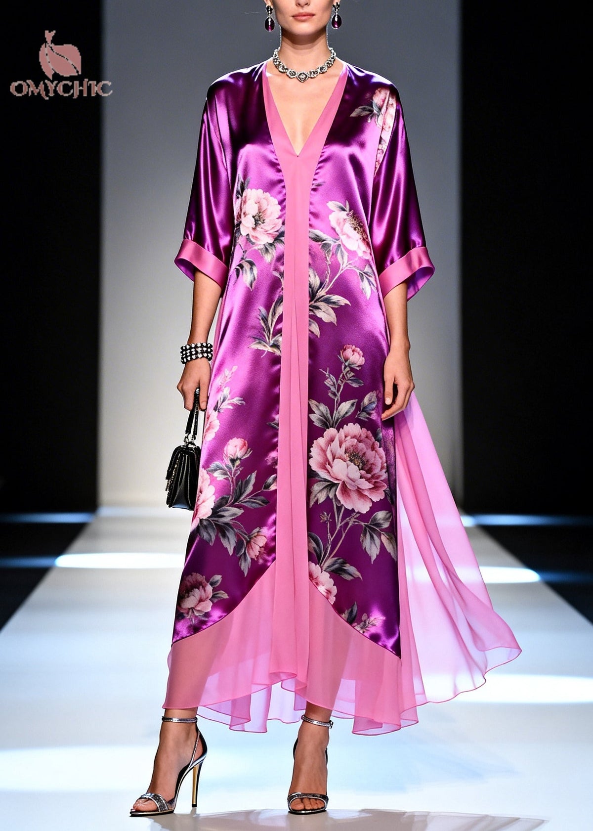 Floral Print Deep V-Neck Contrast Trim Sheer Layered Kaftan Maxi Dress
