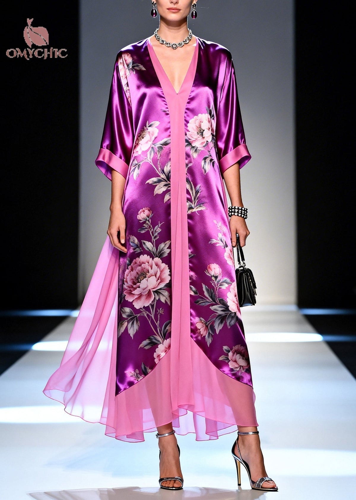 Floral Print Deep V-Neck Contrast Trim Sheer Layered Kaftan Maxi Dress - View 3