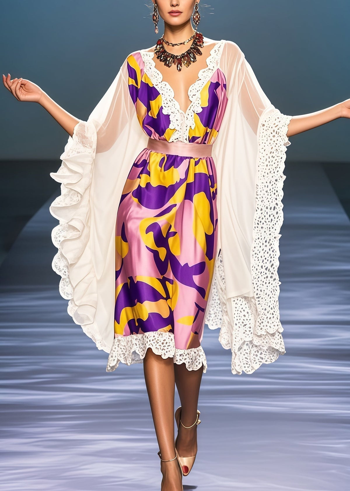 Deep V-Neck Lace Trim Satin Ruffle Cape Sleeve Knee Length Party Dress