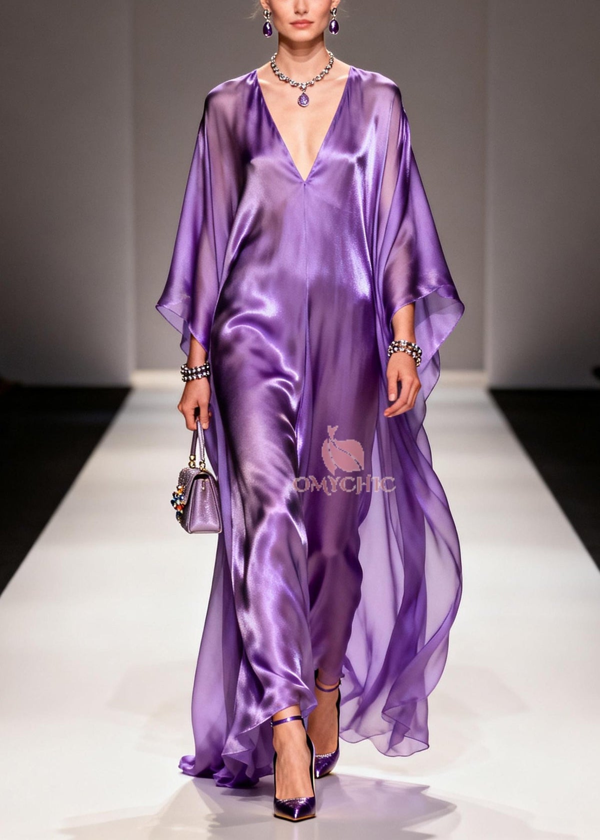 Deep V-Neck Batwing Sleeve Satin Kaftan Maxi Dress