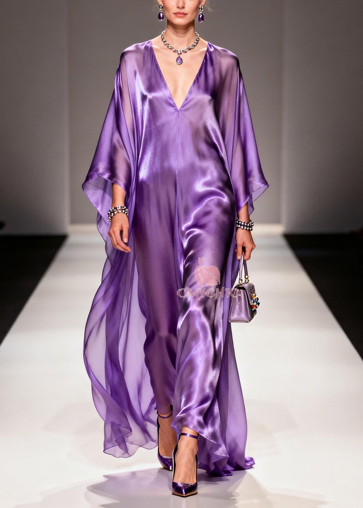 Deep V-Neck Batwing Sleeve Satin Kaftan Maxi Dress - View 3
