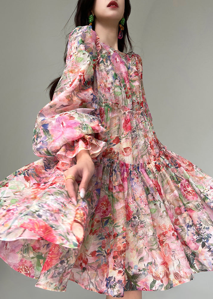 Floral Print Organza Square Neck Bishop Sleeve Tiered Mini Dress - View 4