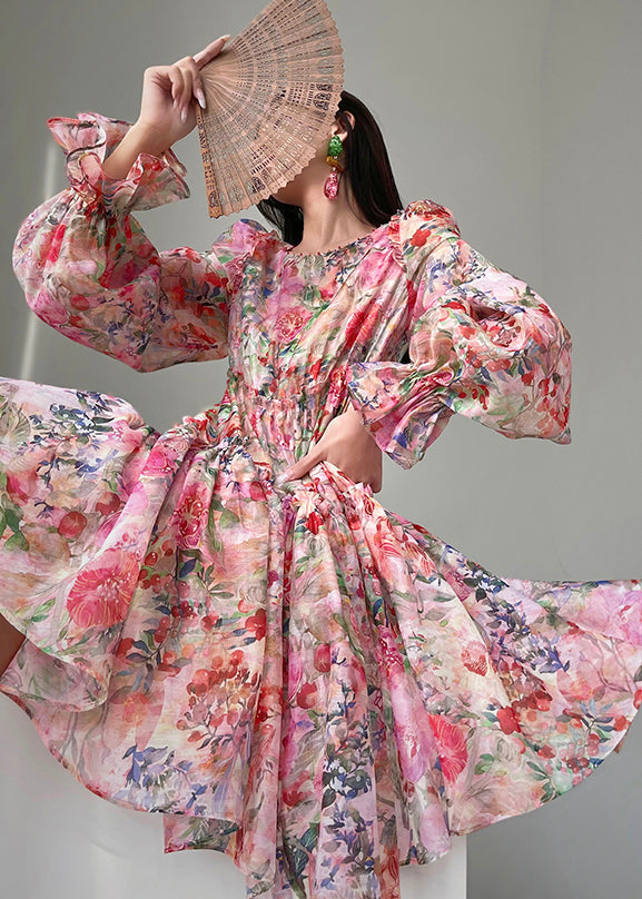 Floral Print Organza Square Neck Bishop Sleeve Tiered Mini Dress - View 5