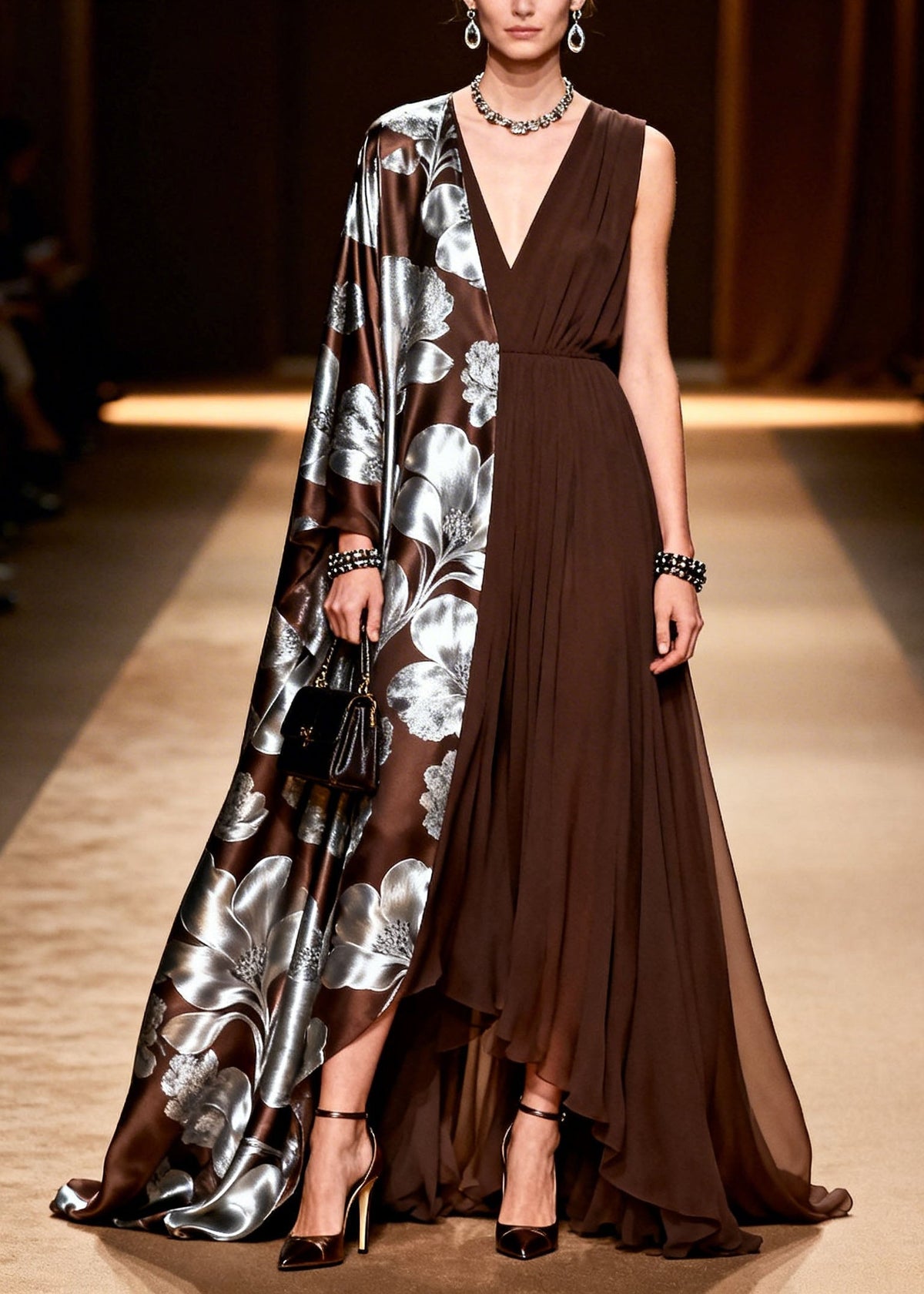 Asymmetric Pleated Split Panel Deep V-Neck Metallic Maxi Gown