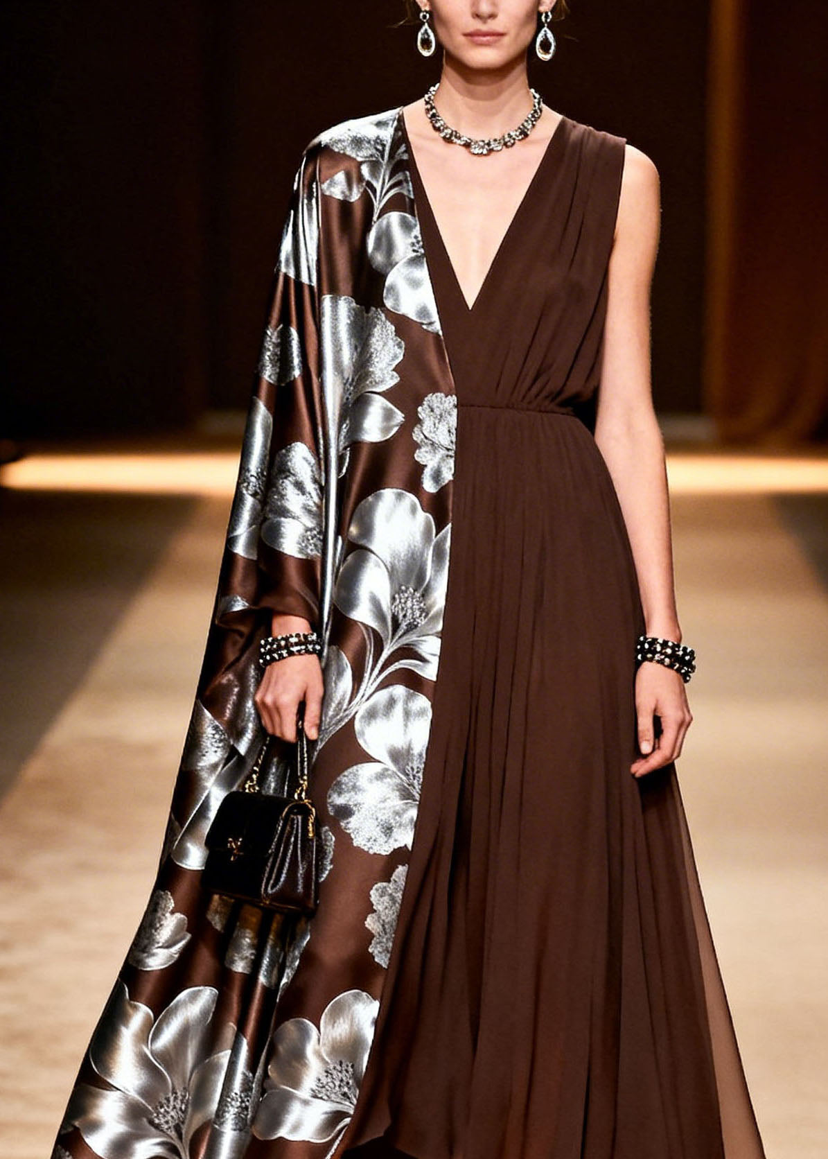 Asymmetric Pleated Split Panel Deep V-Neck Metallic Maxi Gown - View 2