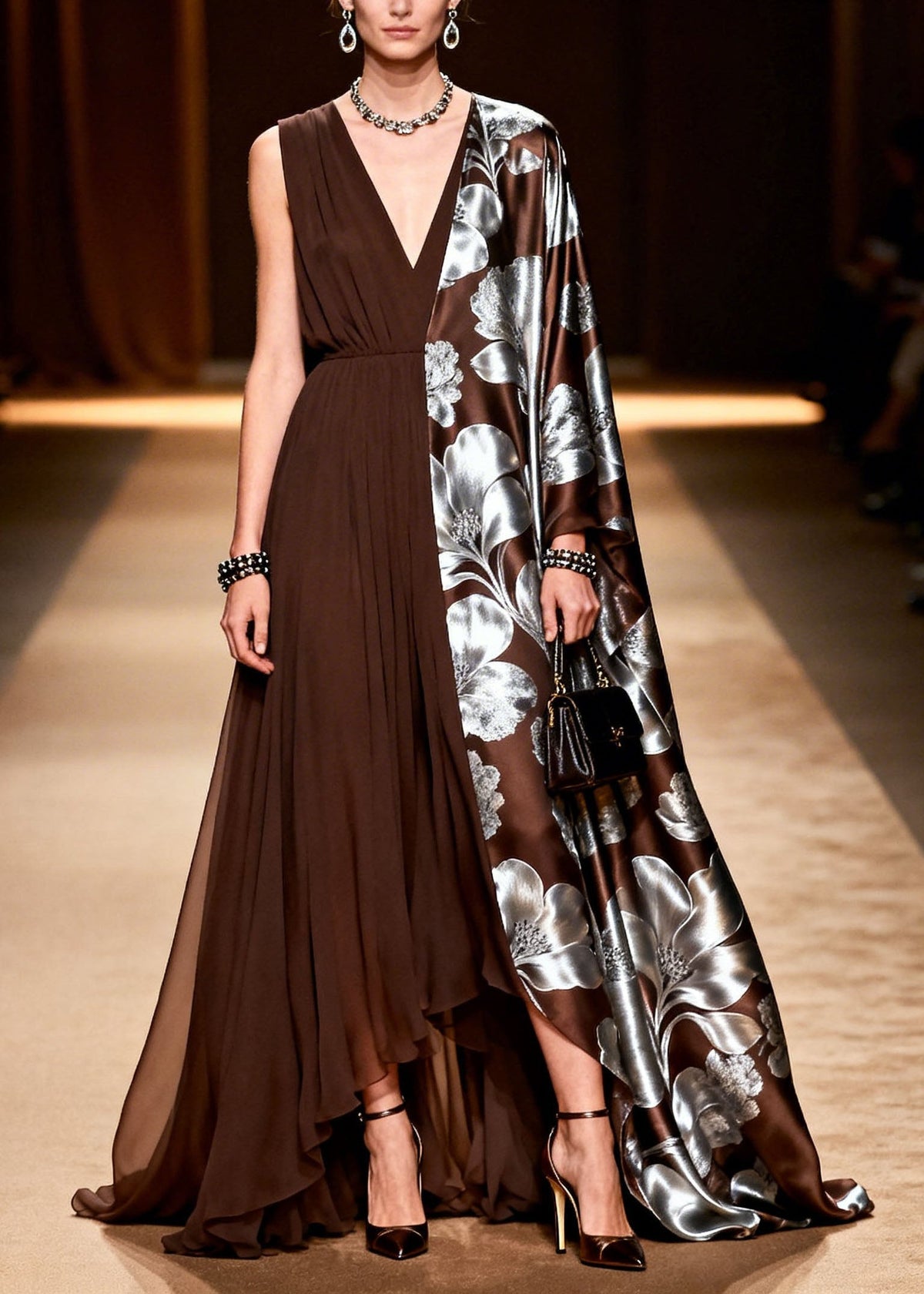 Asymmetric Pleated Split Panel Deep V-Neck Metallic Maxi Gown - View 3