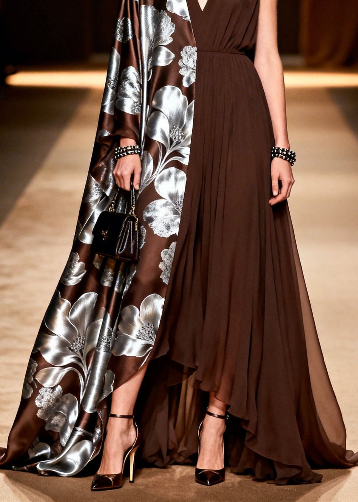 Asymmetric Pleated Split Panel Deep V-Neck Metallic Maxi Gown - View 4