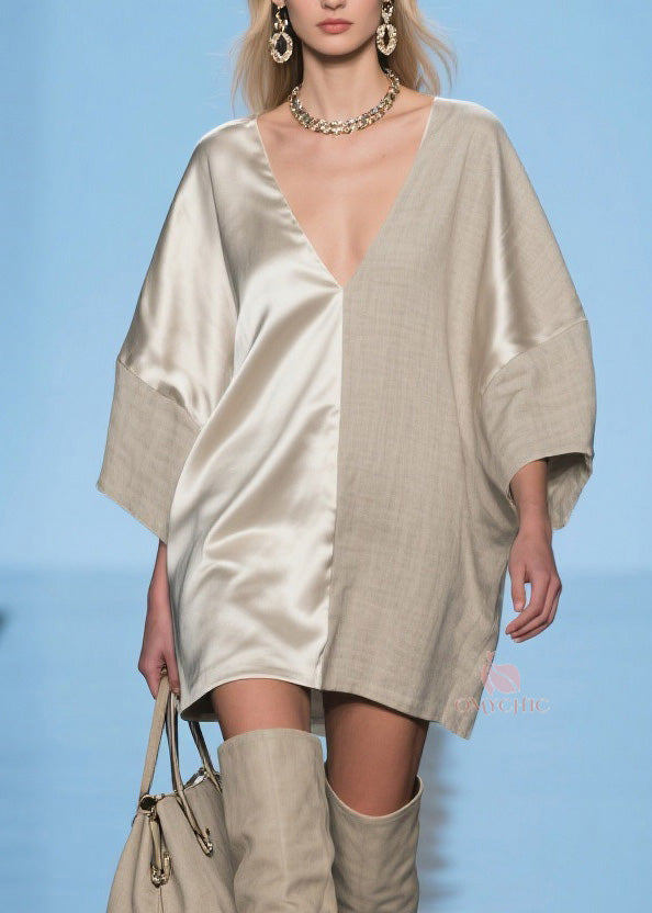 V-Neck Satin Woven Split Panel Oversized Shift Mini Dress - View 2