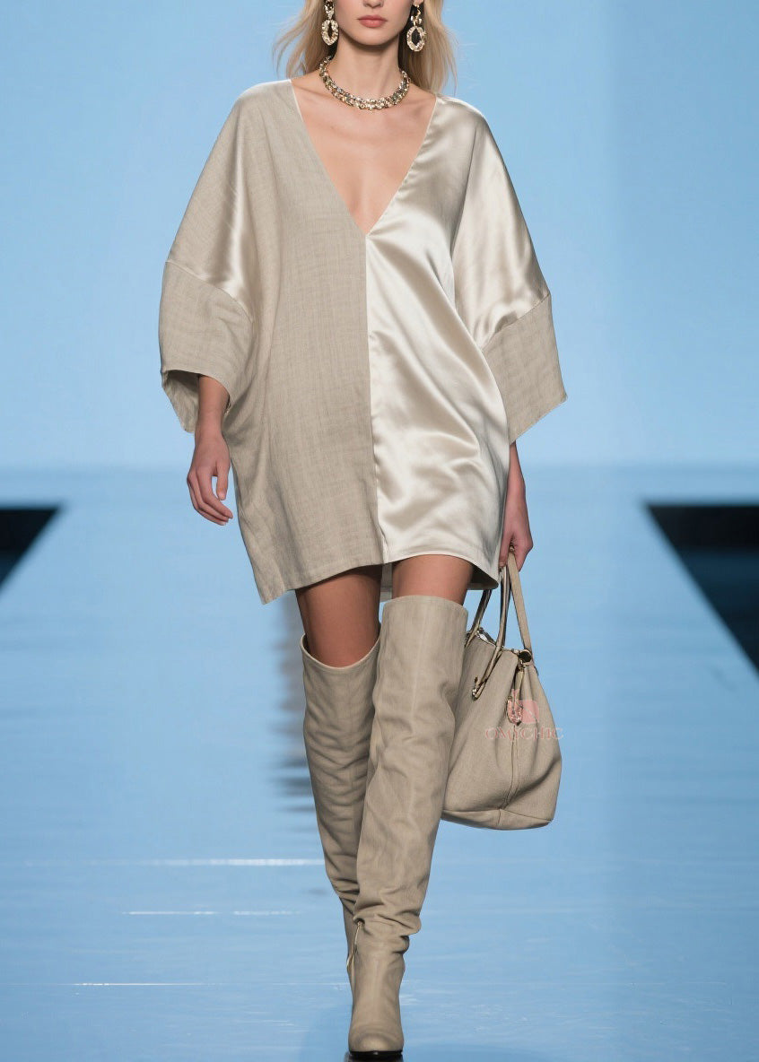 V-Neck Satin Woven Split Panel Oversized Shift Mini Dress - View 3