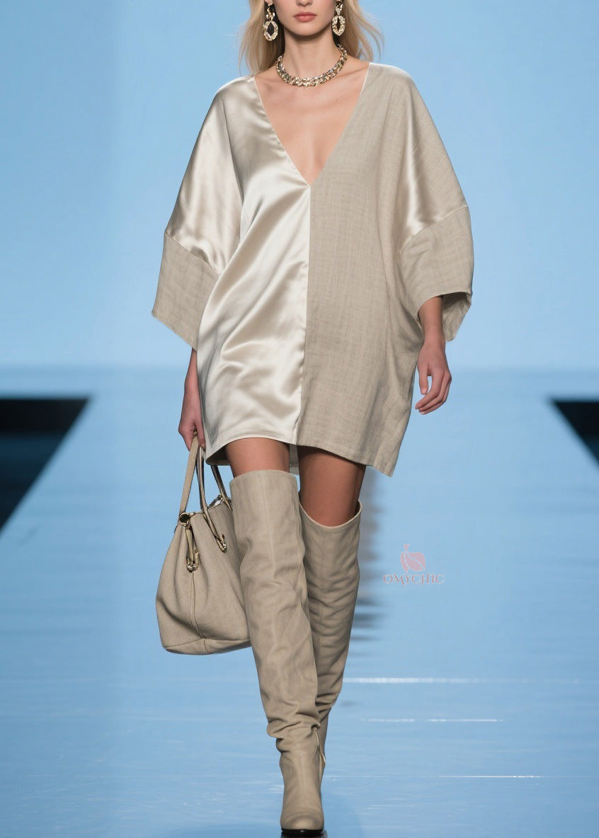 V-Neck Satin Woven Split Panel Oversized Shift Mini Dress - View 5