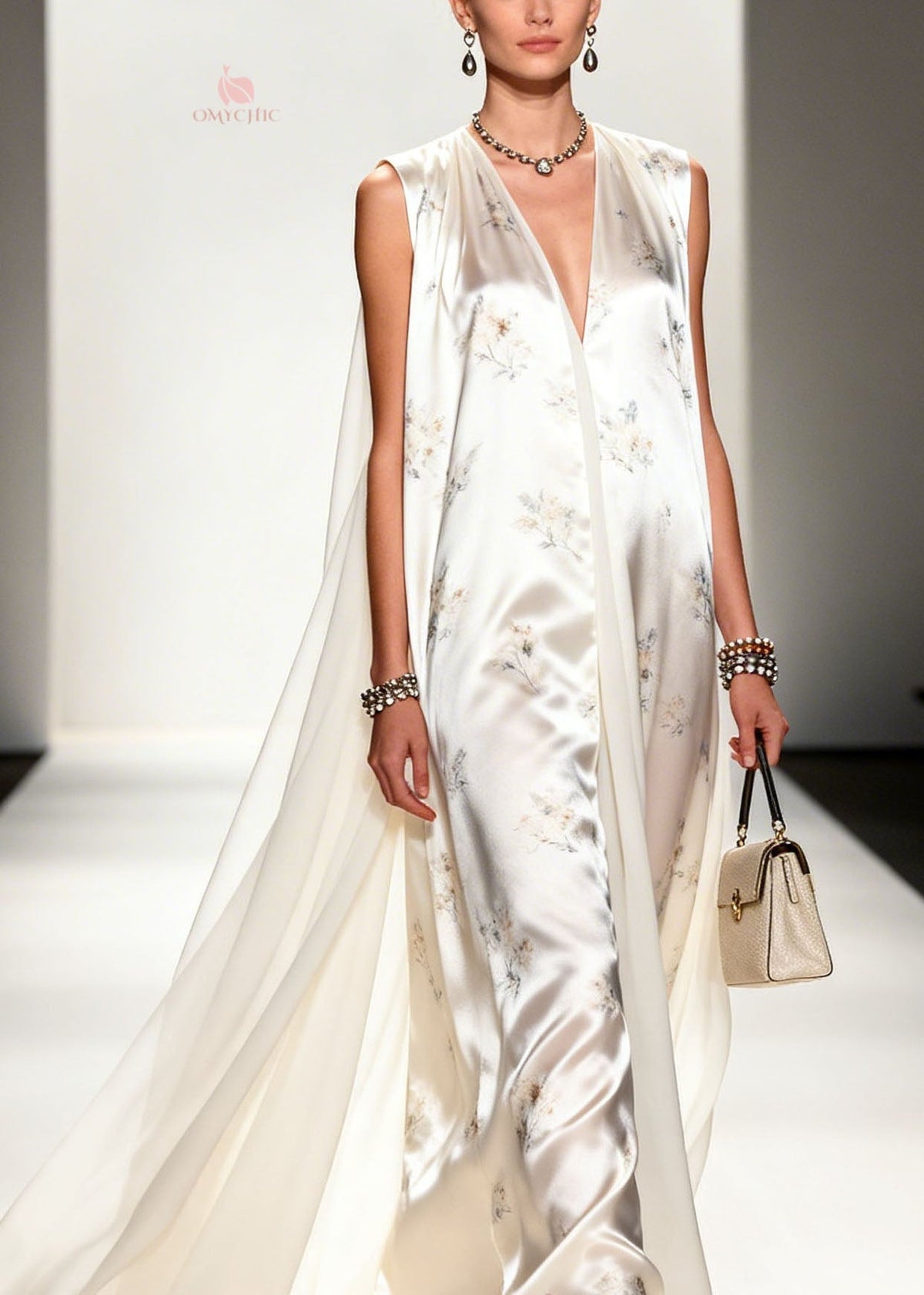 Floral Print Deep V-Neck Sleeveless Attached Cape Satin Maxi Gown - View 2