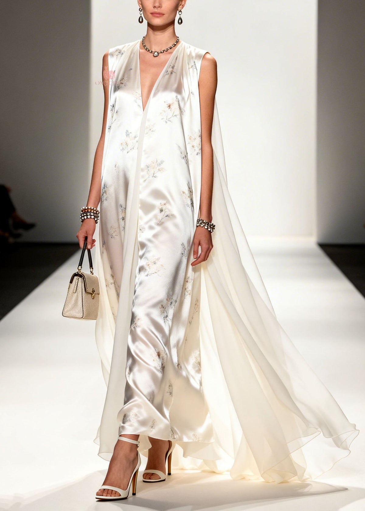 Floral Print Deep V-Neck Sleeveless Attached Cape Satin Maxi Gown - View 3