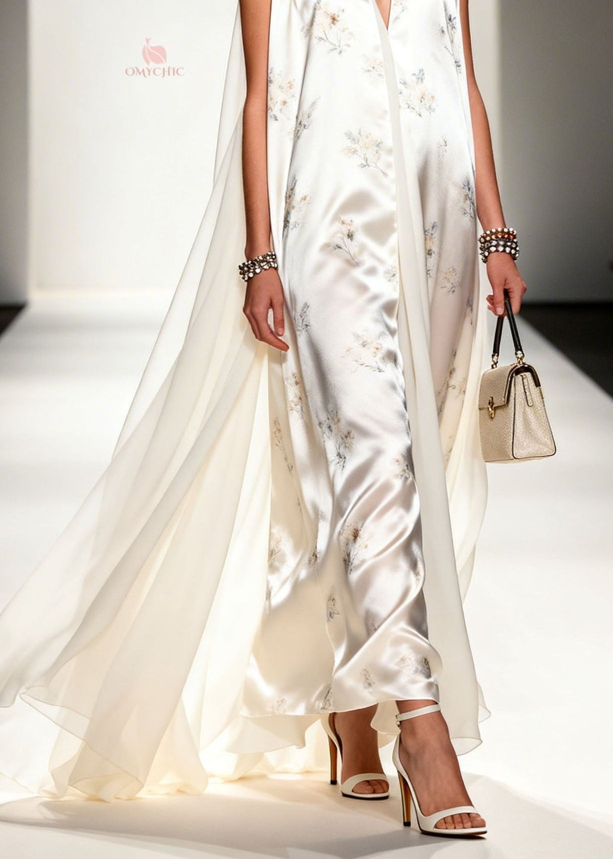 Floral Print Deep V-Neck Sleeveless Attached Cape Satin Maxi Gown - View 4