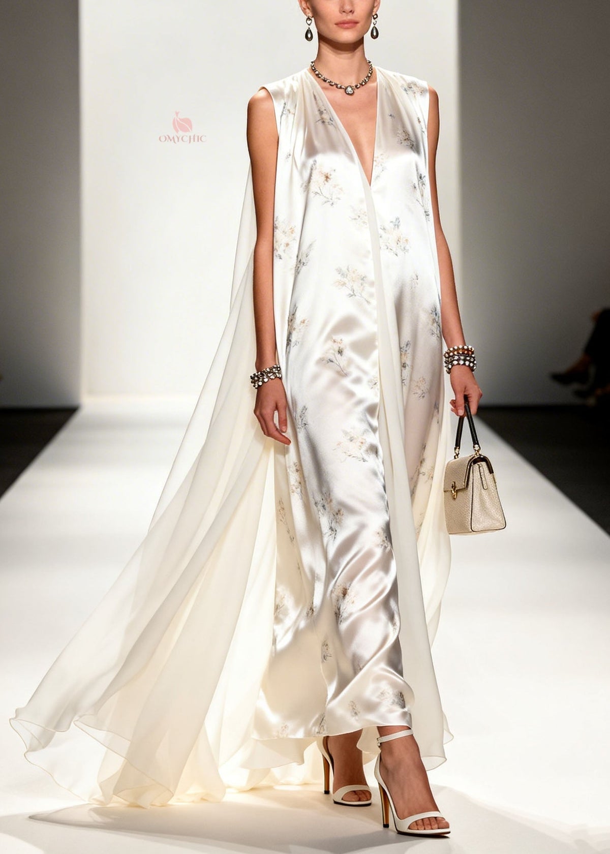 Floral Print Deep V-Neck Sleeveless Attached Cape Satin Maxi Gown - View 5