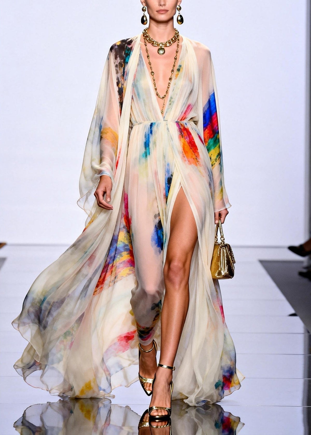 Chiffon Deep V-Neck Cape Sleeve High Split Sheer Maxi Gown