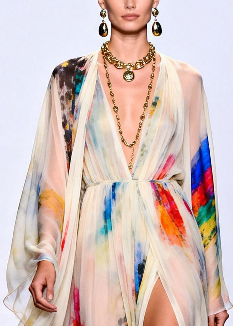Chiffon Deep V-Neck Cape Sleeve High Split Sheer Maxi Gown - View 2