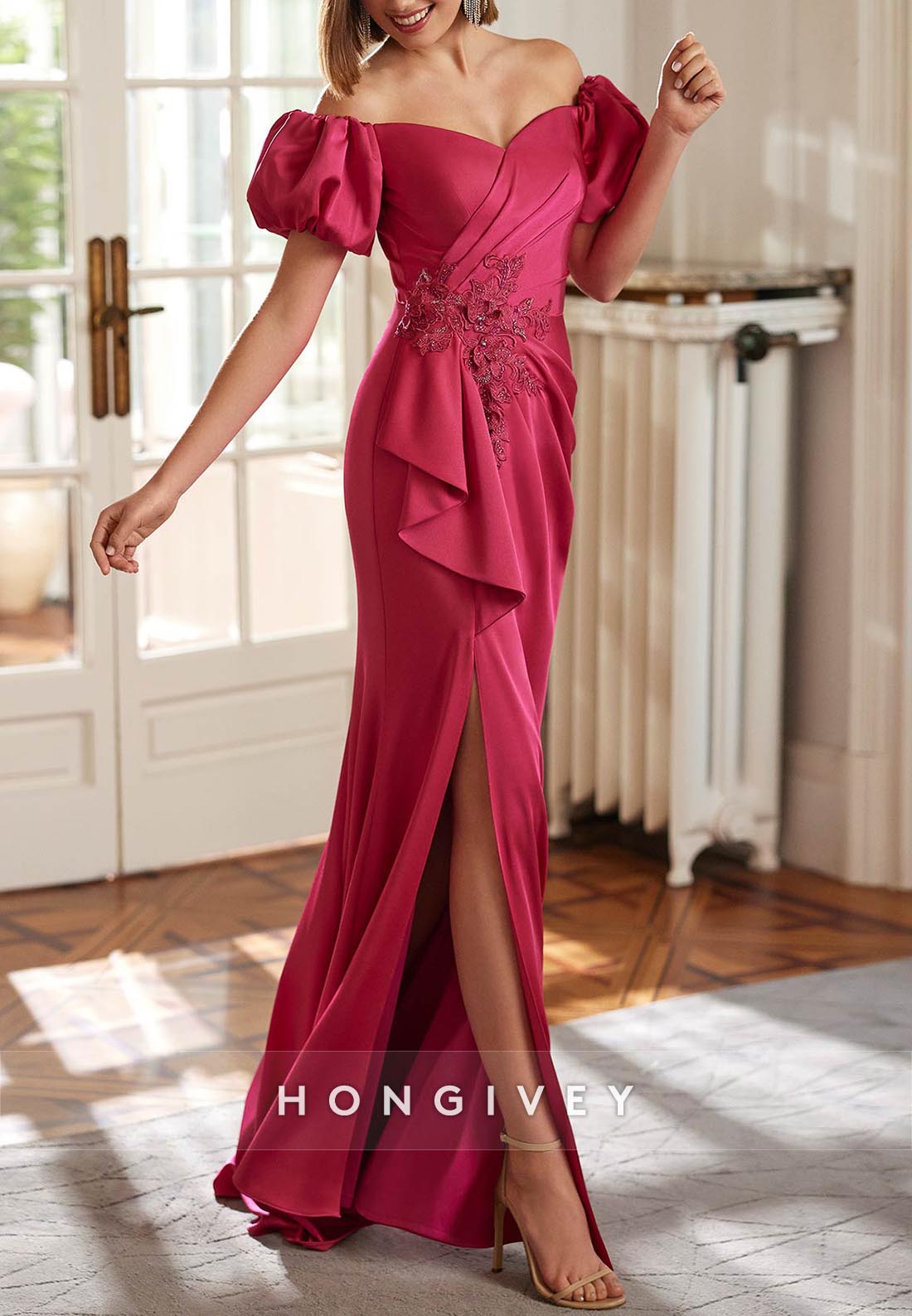 Appliques Lace Satin Off the Shoulder Evening Gown Side Slit Pleated Mother of the Bride