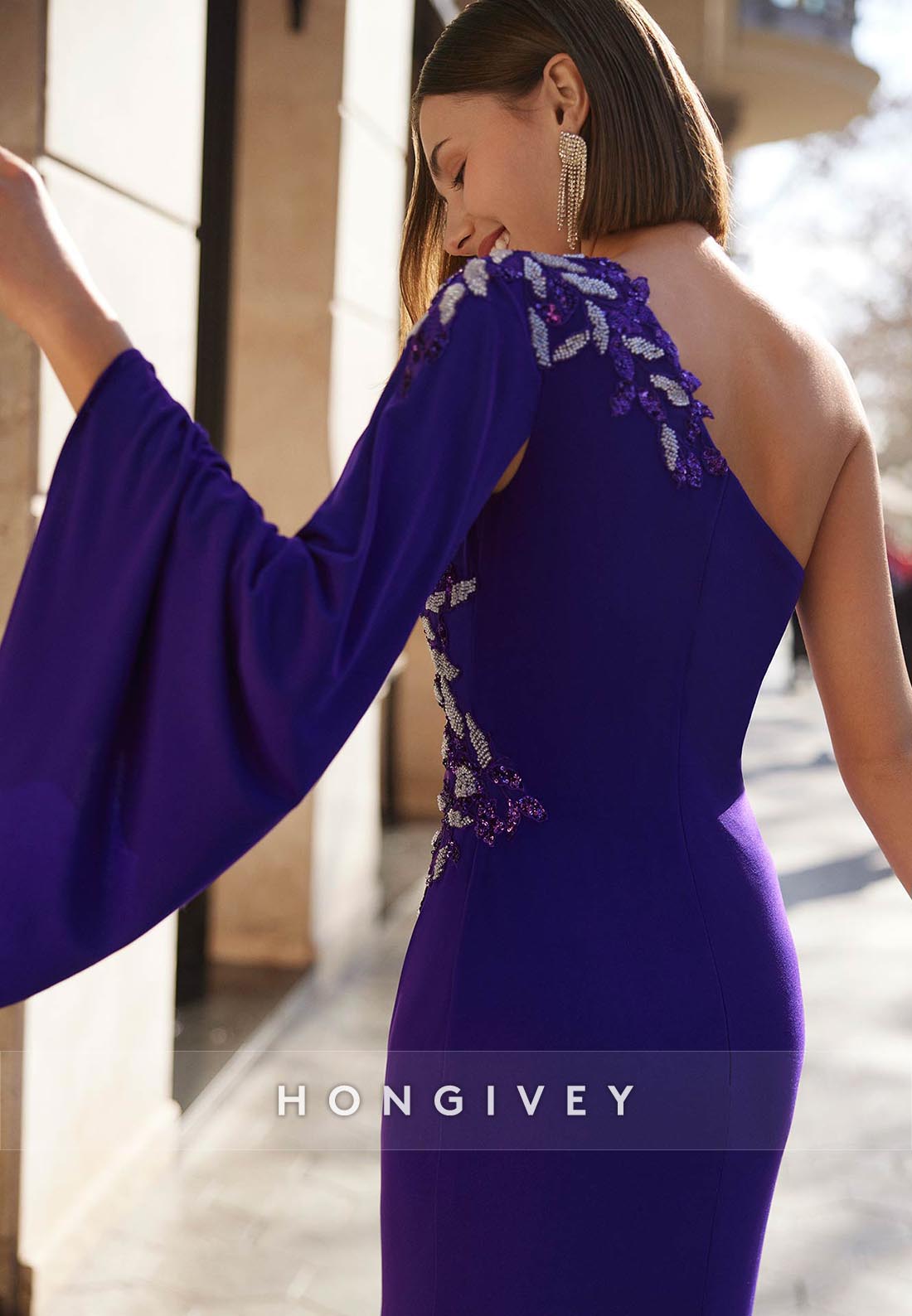 Long Evening Dress Stretch Crêpe Beadwork Bateau Neckline Shawl Trumpet