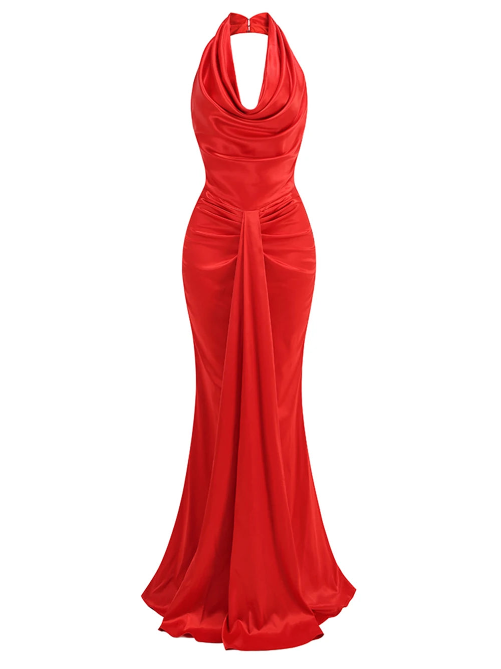 Red Backless Halter V-Neck Maxi Bodycon Christmas Party Dress - Fashionpara