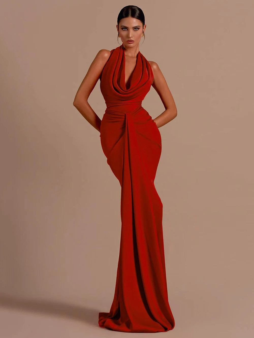 Cowl-Neck Halter Backless Ruched Mermaid Gown
