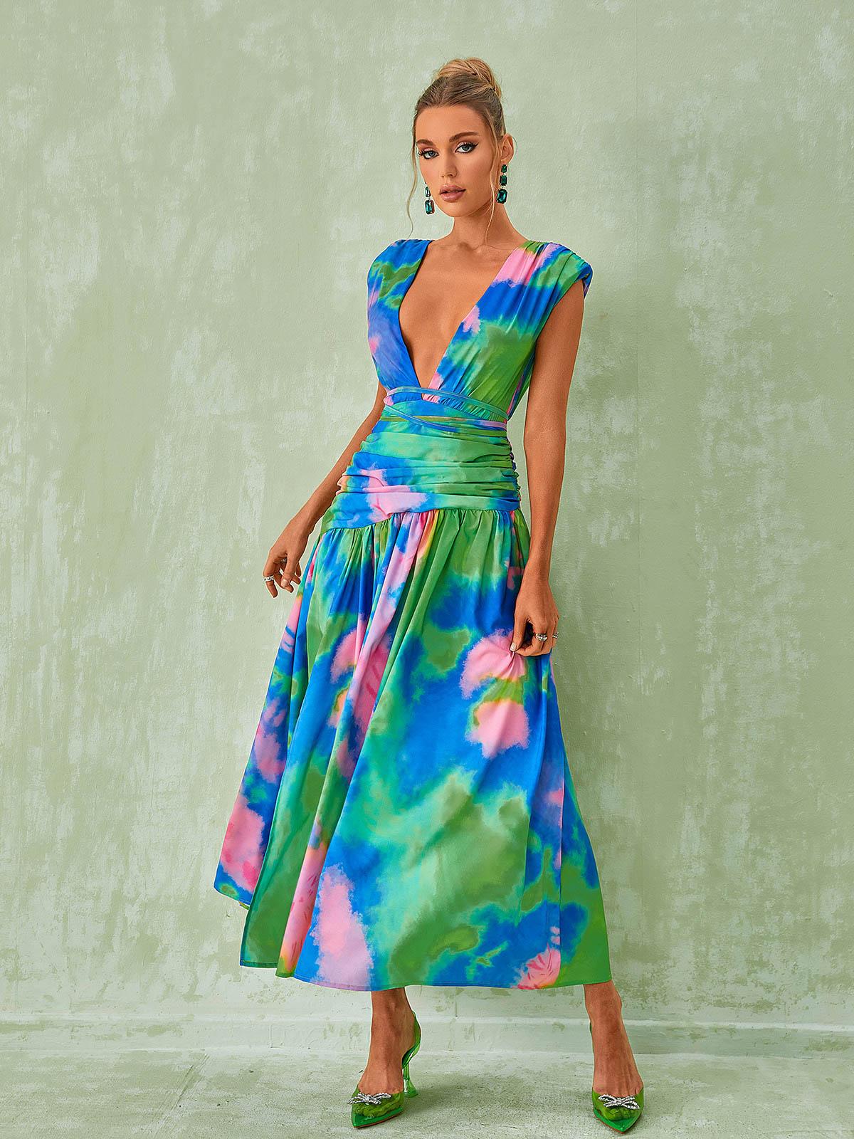 Monique Plunge Neck Split Printed Dress