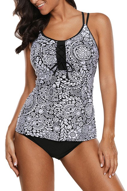 Monochrome Paisley Print 2pcs Tankini Bathing Suits