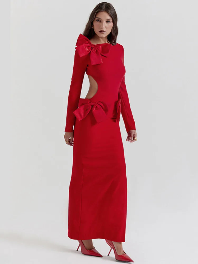 Elegant Bow Backless Maxi Christmas Party Dress - Fashionpara