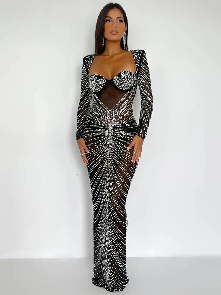 Rhinestone Long Sleeve Bustier Bodycon Maxi Dress 4