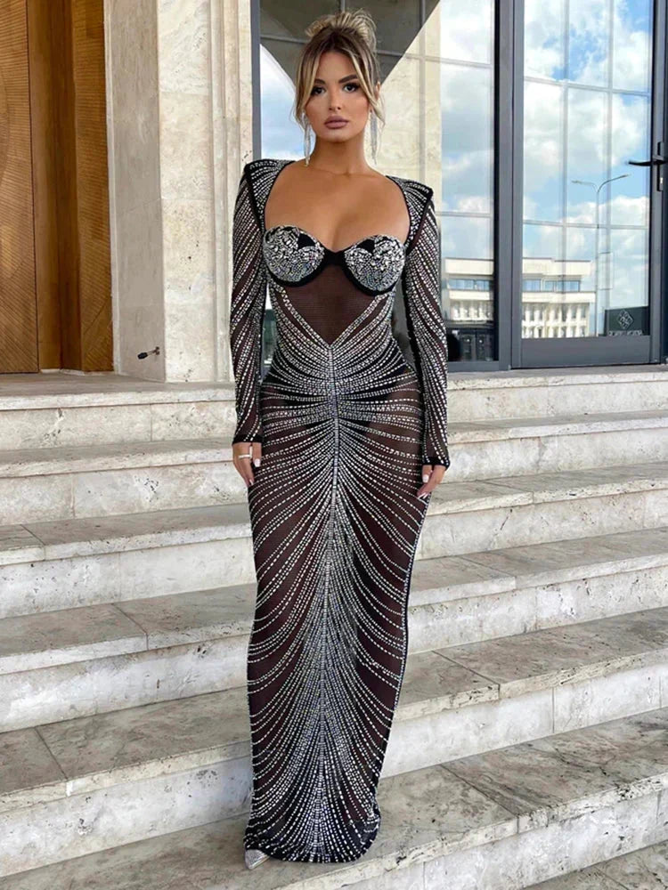 Rhinestone Sweetheart Long Sleeve Sheer Mesh Maxi Dress 6