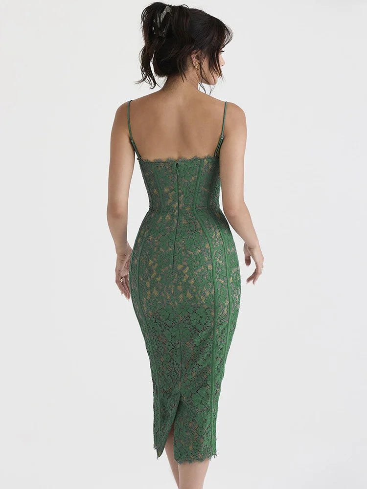 Spaghetti Strap Lace Green Floral Dress - View 4