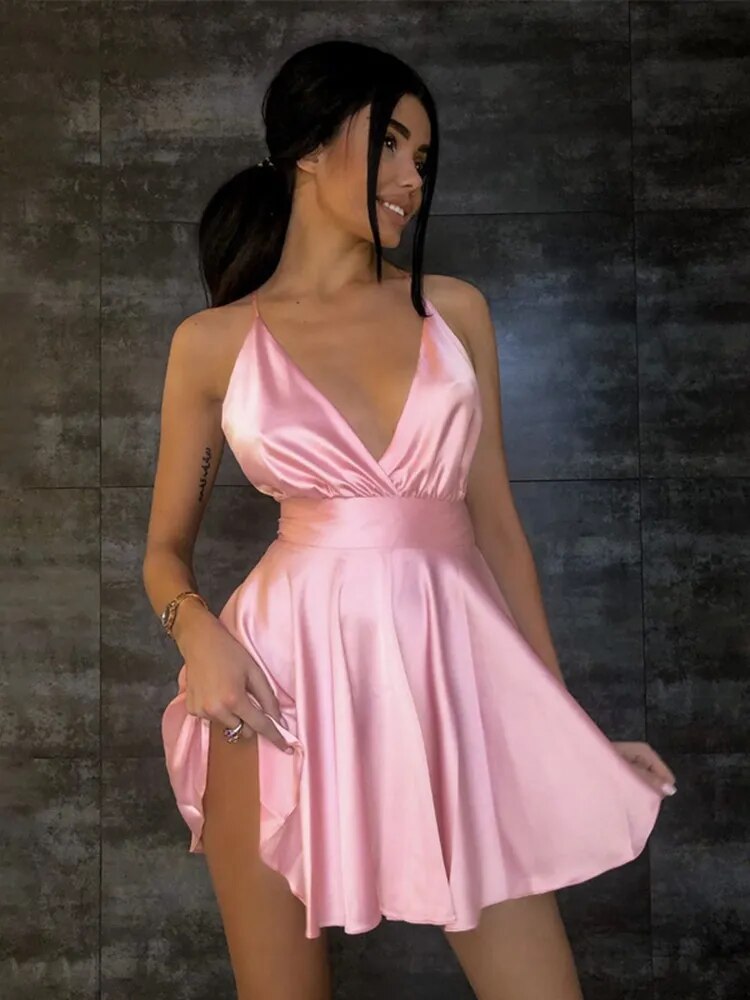 Satin V-Neck Backless High-Slit Slip Dress 10