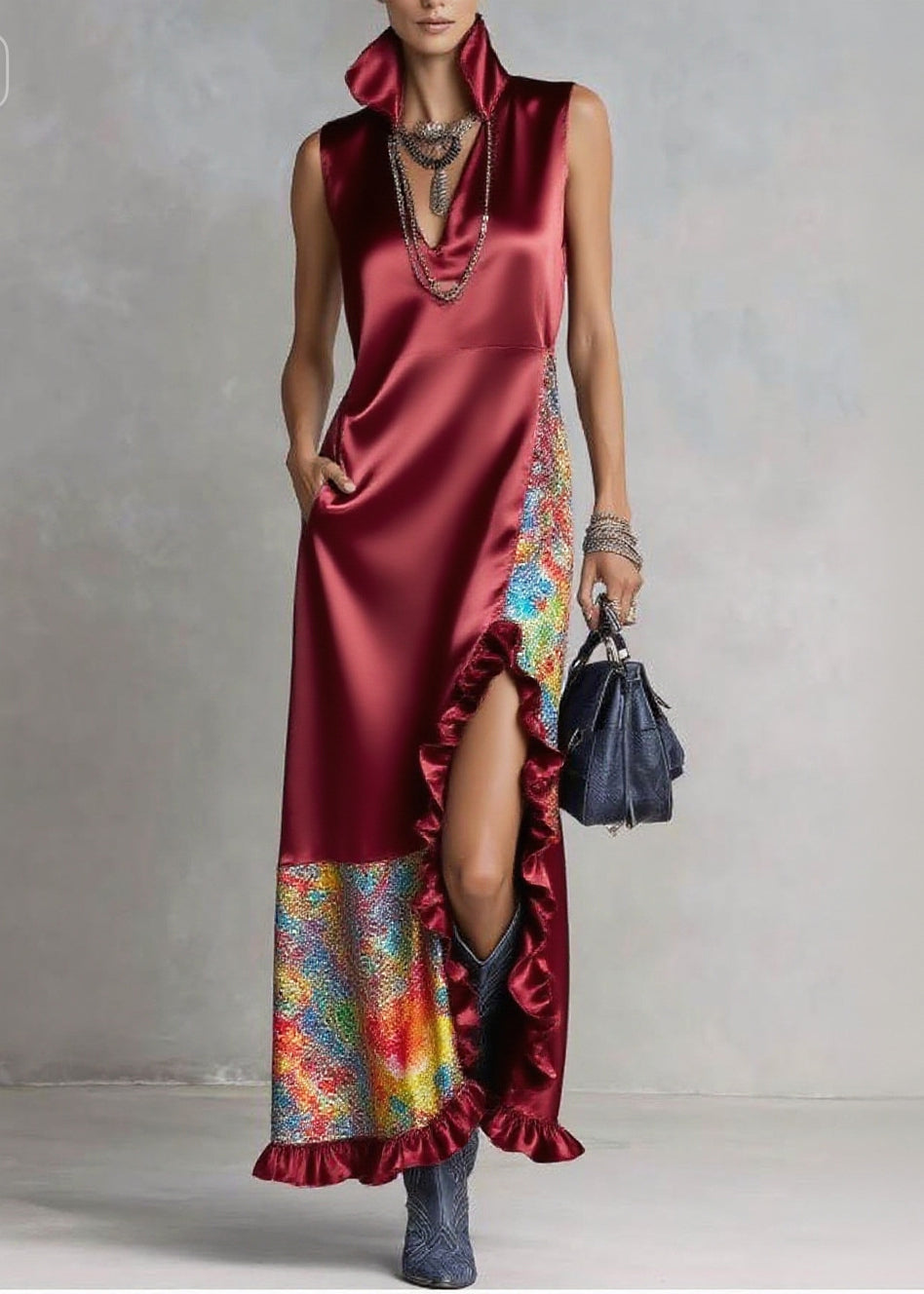 High Collar Deep V-Neck Ruffle Slit Sequin Panel Maxi Dress