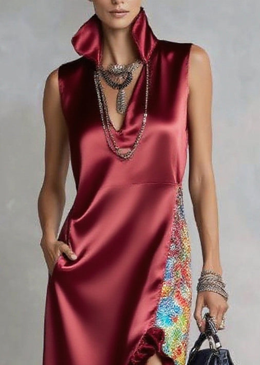 High Collar Deep V-Neck Ruffle Slit Sequin Panel Maxi Dress - View 2