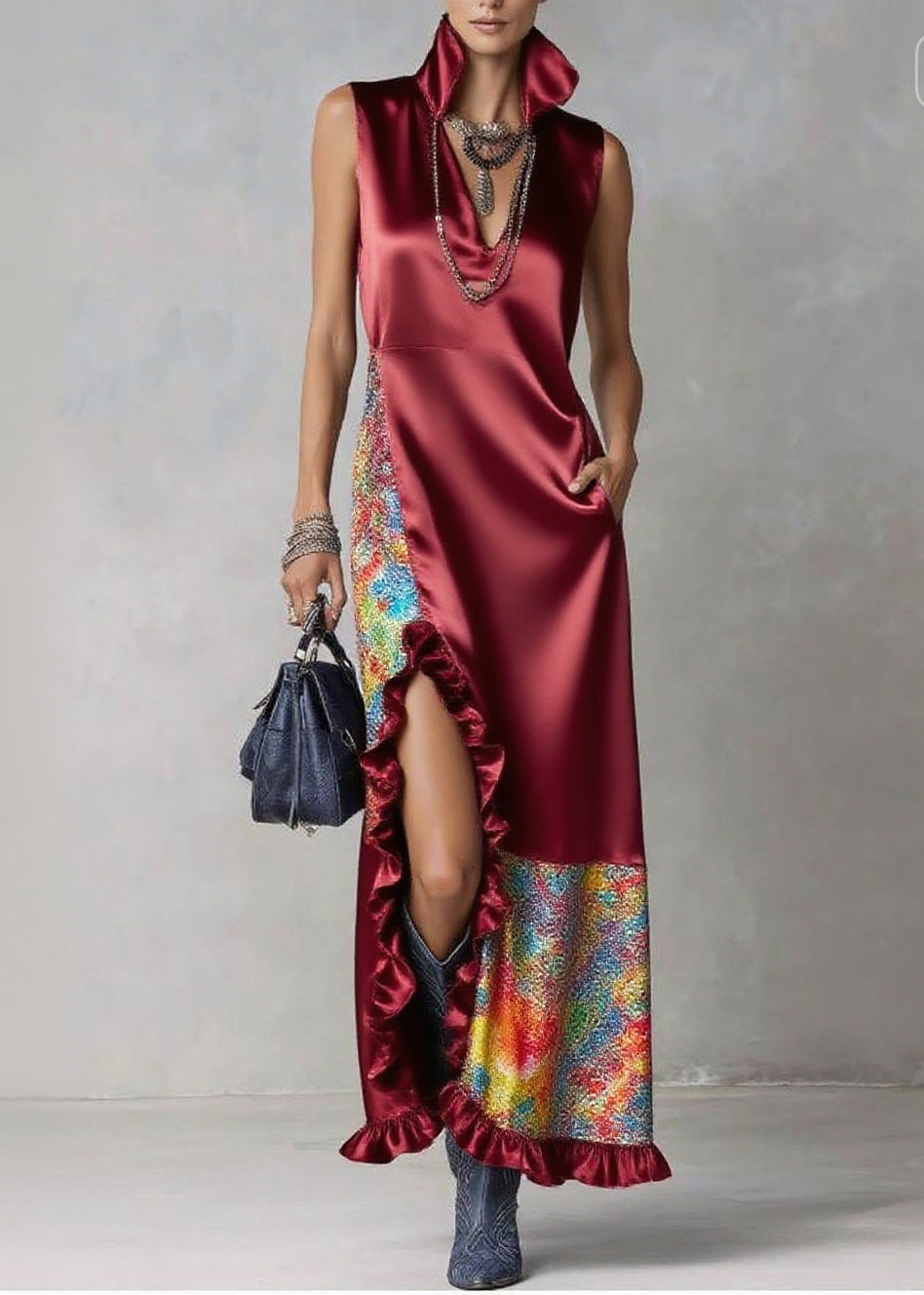 High Collar Deep V-Neck Ruffle Slit Sequin Panel Maxi Dress - View 3