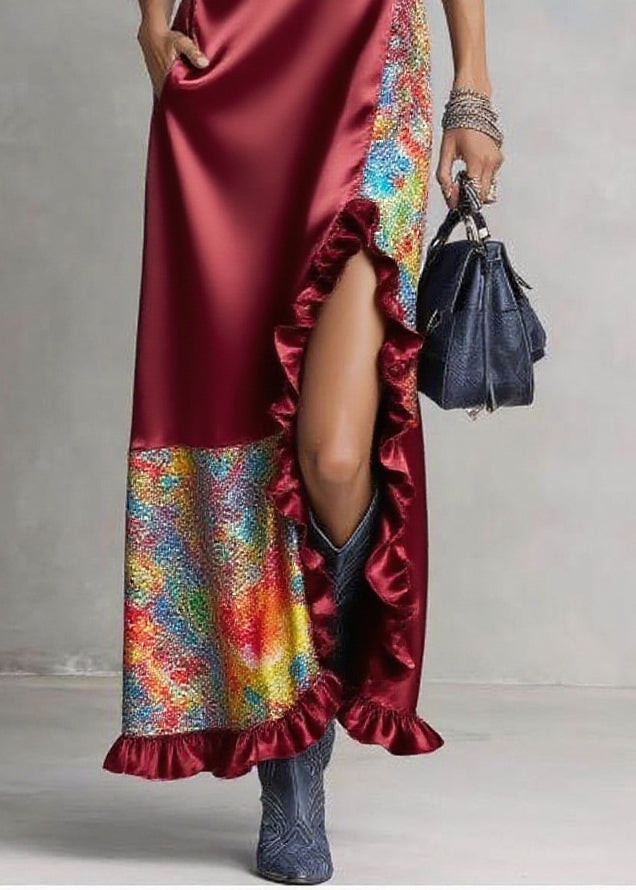 High Collar Deep V-Neck Ruffle Slit Sequin Panel Maxi Dress - View 4