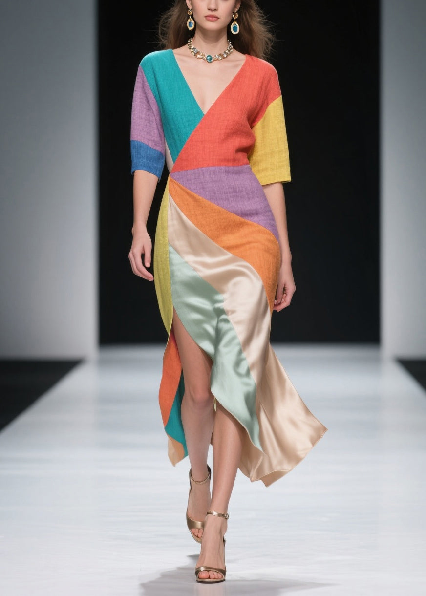 Deep V-Neck Short Sleeve Patchwork High Split Satin Midi Dress - View 3