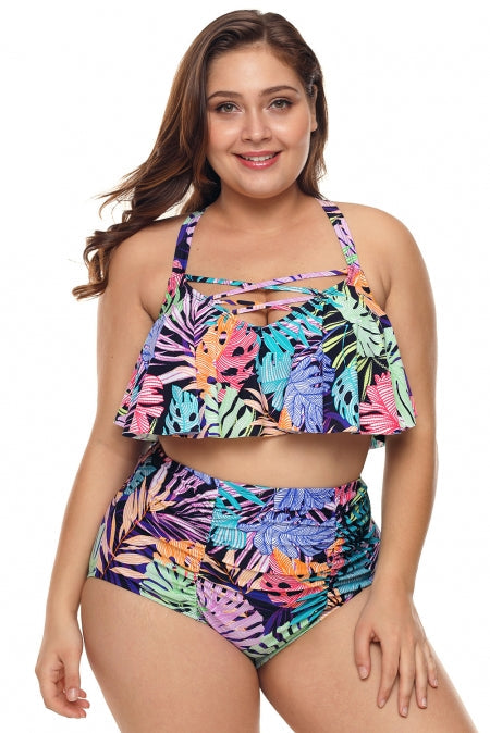 Multicolored Strappy Plus Size High Waist Swimwear