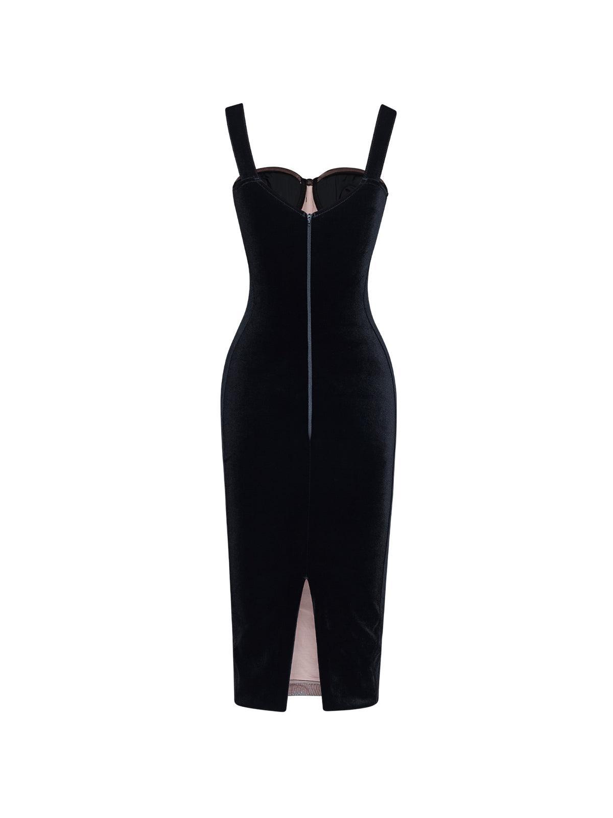 Muriel Mesh Ruched Velvet Midi Dress In Black - View 7