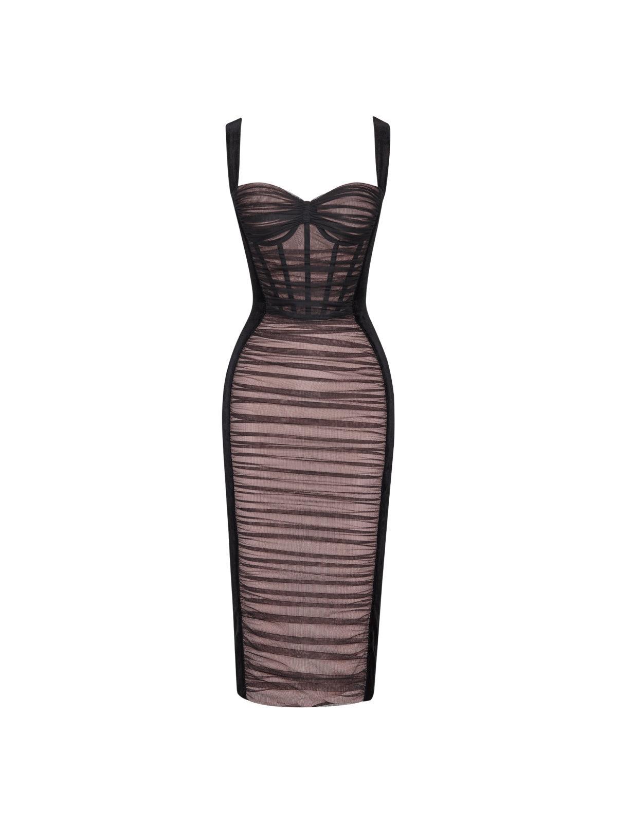 Muriel Mesh Ruched Velvet Midi Dress In Black - View 6