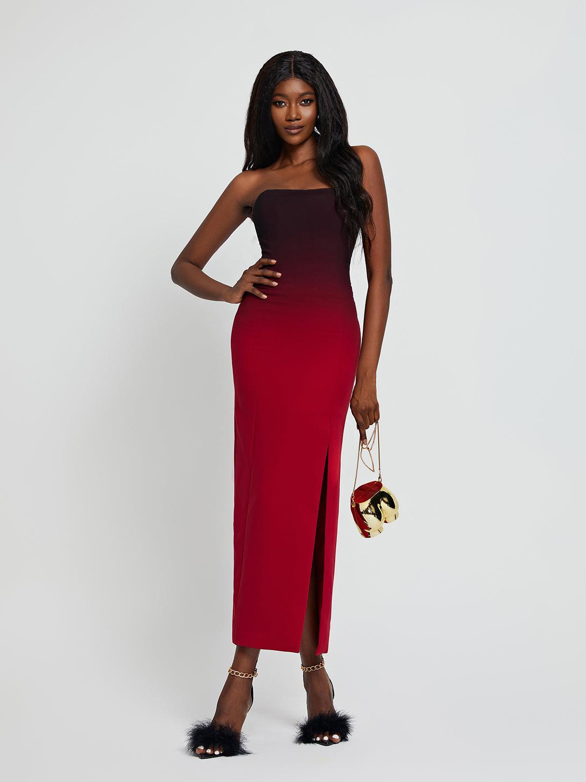 Ombre Strapless Front-Slit Bodycon Maxi Dress