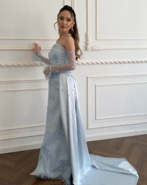 Classy Strapless Light Blue Satin Tulle Beaded Mermaid Prom Dress Long Party Gown D871