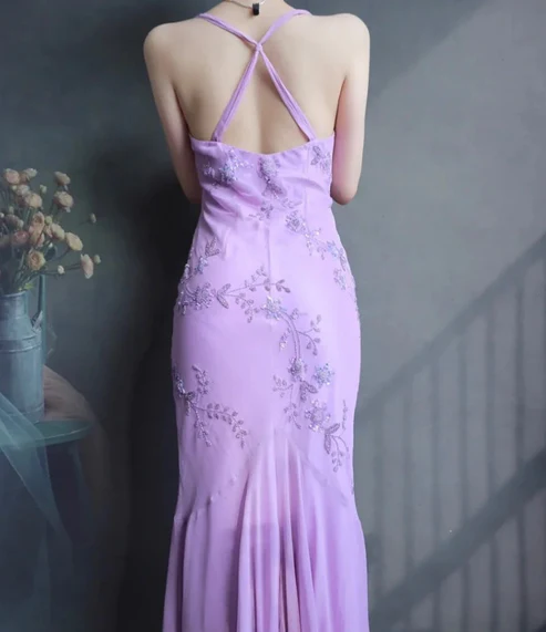 Classy Spaghetti Straps Lavender Chiffon Beaded Mermaid Evening Gown Long Prom Dress D885