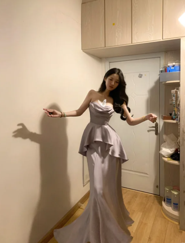 Stylish Strapless Purple Satin Mermaid Long Party Dress Formal Wedding Guest Dress D845