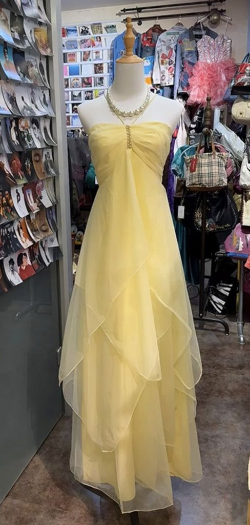 Pretty Halter Yellow Tulle Layered Long Party Dress Birthday Outfits D1355
