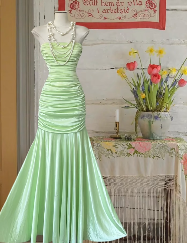 Classy Strapless Pastel Green Satin Pleated Mermaid Evening Dress Long Party Gown D645