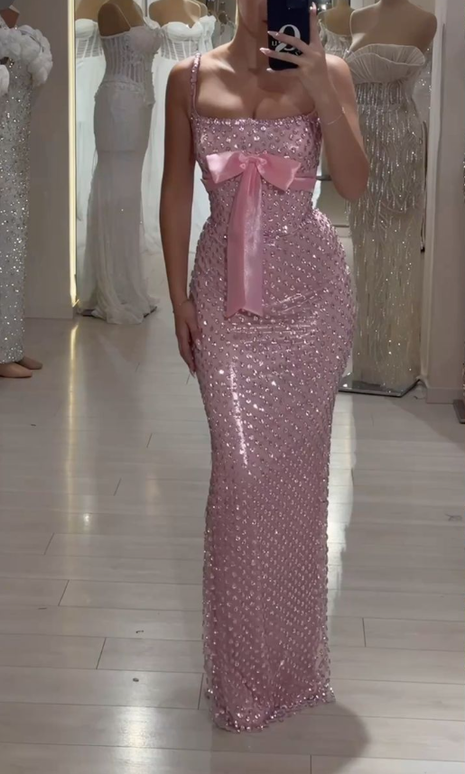 Gorgeous Spaghetti Straps Pink Sequin Beaded Mermaid Evening Dress Long Party Dress D1438