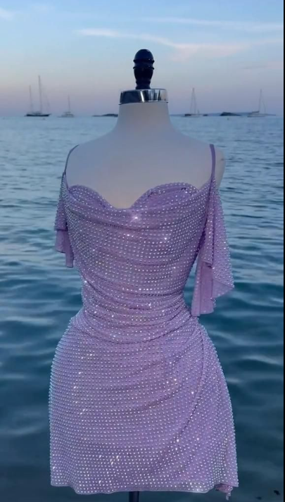 Elegant Spaghetti Straps Lavender Chiffon Beaded Formal Homecoming Dress Short Prom Dress Cocktail Dress D447